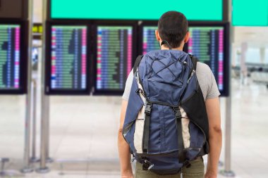 Rearview shot of an unrecognizable young man checking the flight times in an airport 