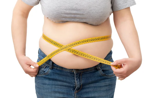 Woman Measuring Her Body Fat Percentage Tape Measure Fat Obesity Rechtenvrije Stockfoto's