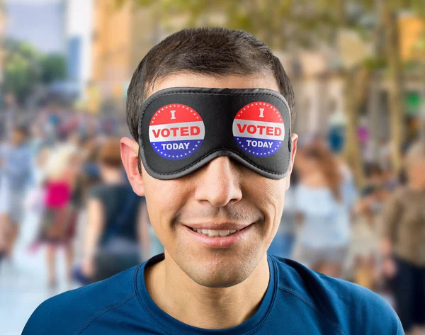 man with blindfold eyes on the outside.Concept of voting blindly or with doubts
