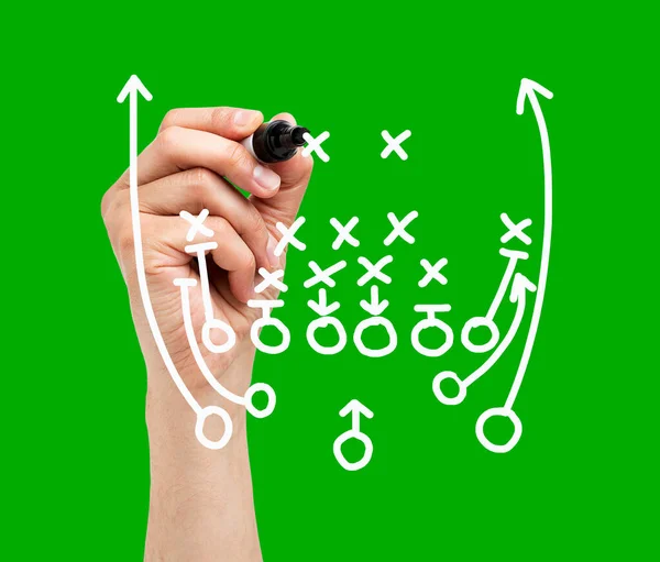 教练绘制美国足球或橄榄球比赛剧本 战略和战术与白色标记在绿色背景 — 图库照片