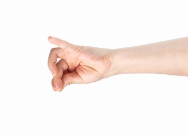 Young child hand hanging something blank isolated on a white background