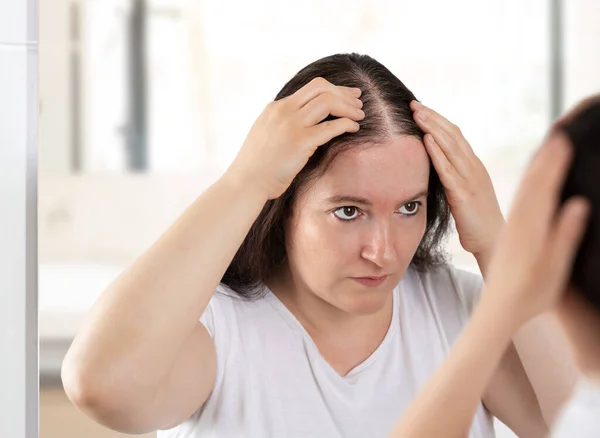 Woman Controls Hair Loss Unhappy Gazing You Mirror — Stock Fotó