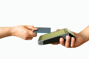 Side view of credit card contactless payment on a  white background