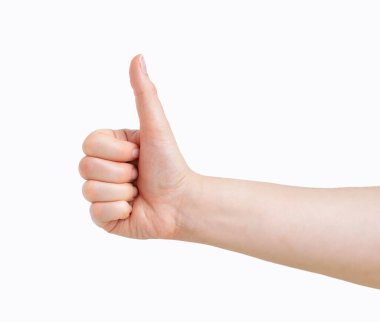Close up of woman hand with thumb up in a white isolated background