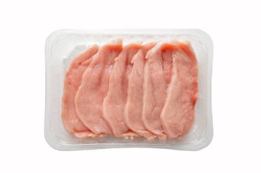 Meat. Raw pork fillet package isolated on white background. Top view