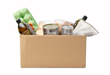 A box full of food in concept donation box isolated on white
