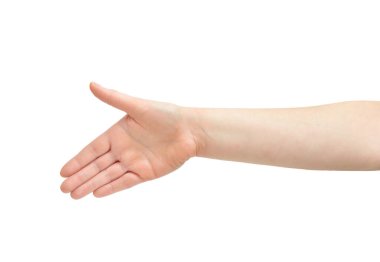 Cropped shot of an unrecognizable woman hand ready for handshaking on a white isolated background