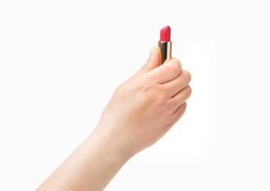 Cropped shot of an unrecognizable woman hand holding a lipstick isolated on a white background 