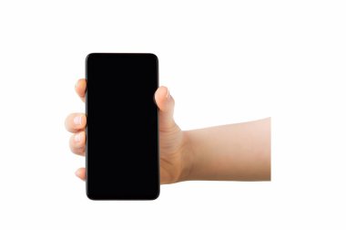 Cropped shot of an unrecognizable woman hand showing a black mobile phone screen isolated on a white background