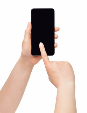 Cropped shot of an unrecognizable woman hands holding and touching a blank mobile phone screen with her finger isolated on a white background 