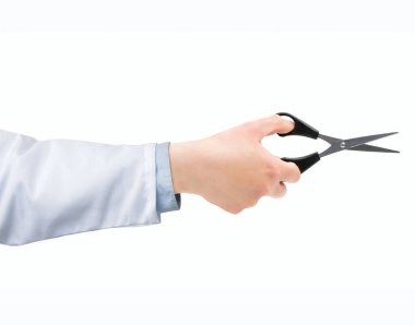 Shot of a doctor hand using a small scissors isolated on a white background