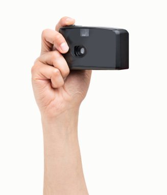 Man hand holding a compact camera isolated on a white background