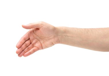 Tanımlanamayan bir adamın beyaz bir arka planda el sıkışmaya hazır bir şekilde görüntüsü.