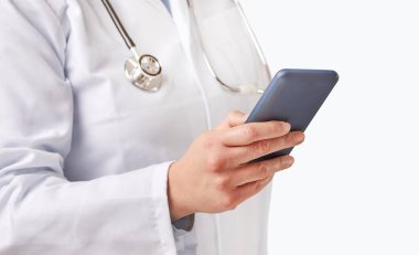 Close up of a nurse hand using a smart phone on isolated on white