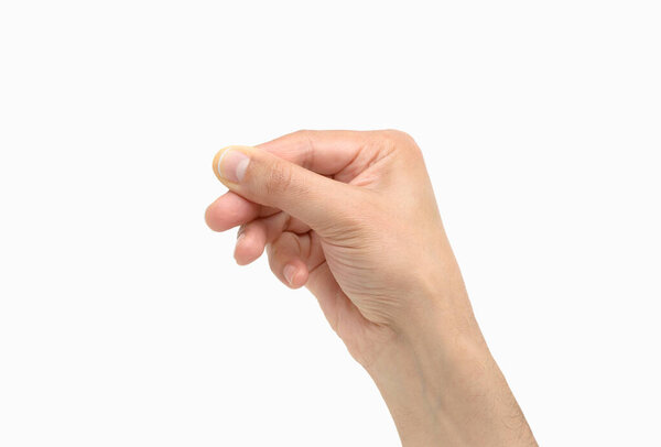 man hand hanging something blank isolated on a white background