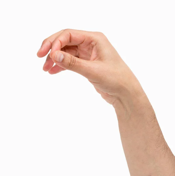 Man Hand Opknoping Iets Blanco Geïsoleerd Een Witte Achtergrond — Stockfoto