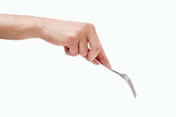 人的手使用叉子隔离在白色背景下 — 图库照片