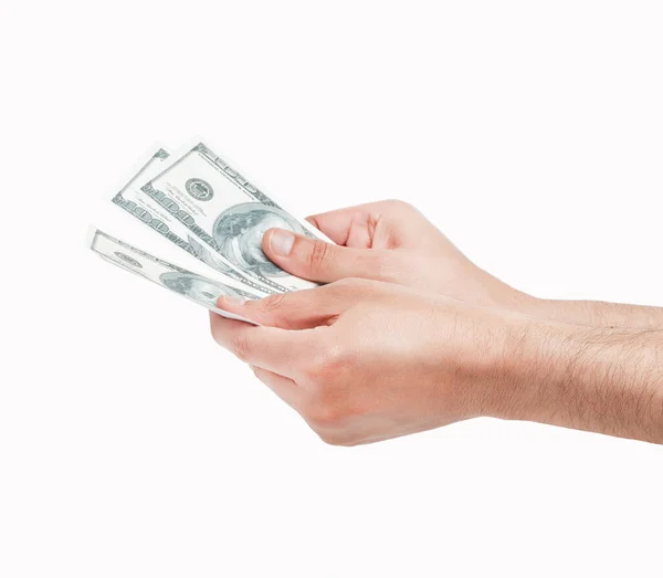 Člověk Ruce Drží Počítání Peněz Izolovaných Bílém Pozadí — Stock fotografie