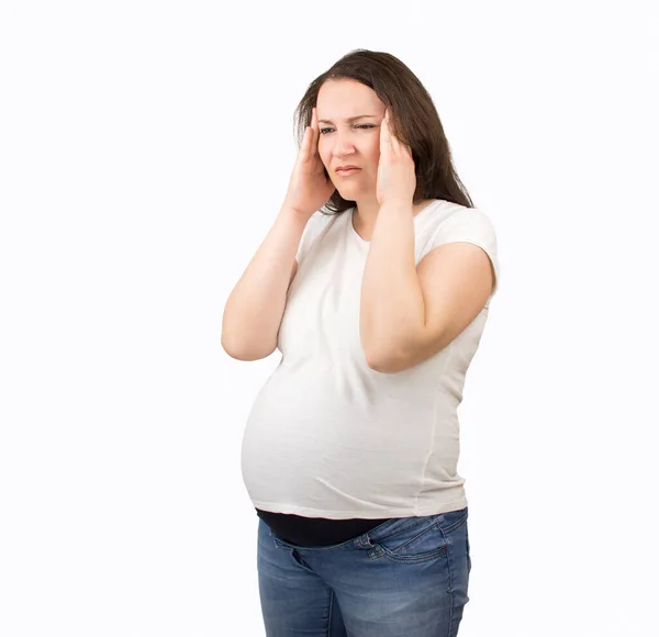 Porträt Einer Schwangeren Frau Mit Kopfschmerzen Isoliert Auf Weißem Hintergrund — Stockfoto