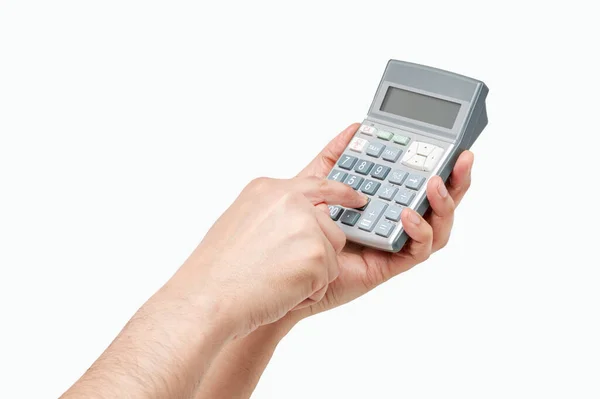 Обрезанный Снимок Неузнаваемой Руки Человека Держащего Использующего Калькулятор Белом Фоне — стоковое фото