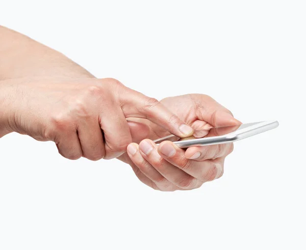 Мужские Руки Держащие Касающиеся Экрана Смартфона Изолированы Белом Фоне — стоковое фото