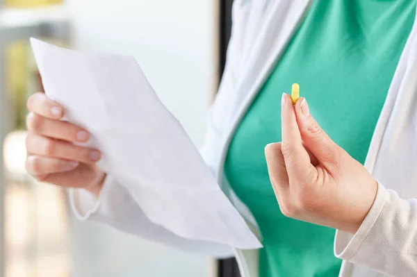 Shot Unrecognizable Young Woman Hands Holding Pill Reading Leaflet — Photo