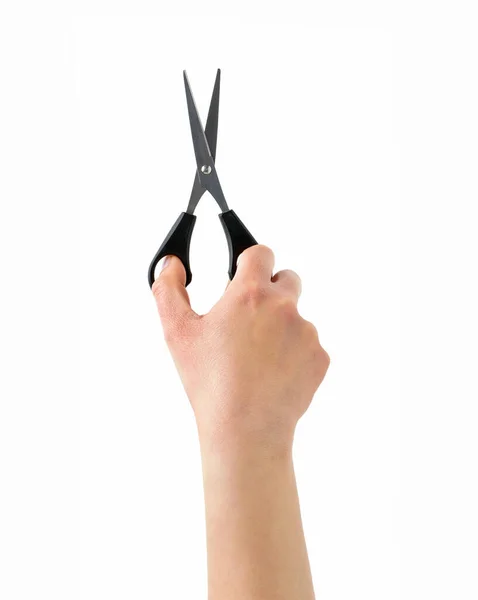 Vertical View Woman Hand Using Scissors Isolated White Background — Stock Photo, Image