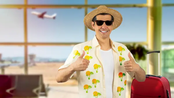Latin Man Vacation Wearing Floral Shirt Hat Sunglasses Airport Doing — Stock Photo, Image