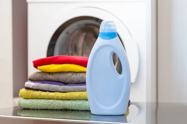 Shot Bottle Detergent Pile Clothes Front Washing Machine — Stock Photo, Image