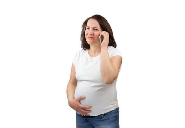 Shot Bolestivé Těhotné Ženy Volá Lékařskou Pomoc Bílým Pozadím — Stock fotografie