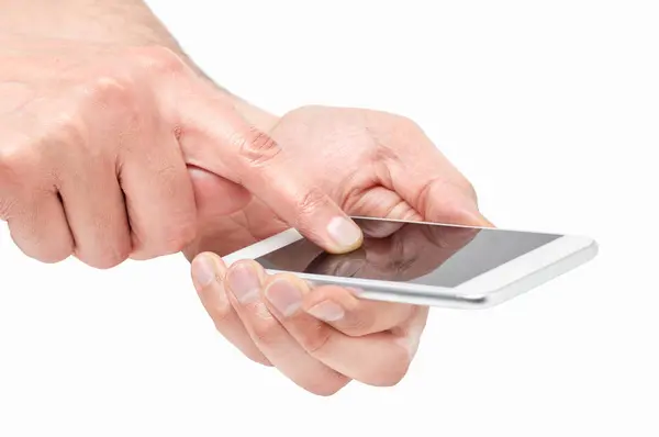 Boční Pohled Obchodníka Ruce Dotýkají Chytrý Telefon Izolované Bílém Pozadí — Stock fotografie