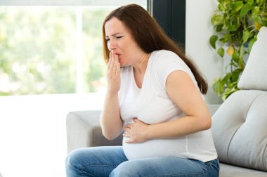 Evde mide bulantısı olan hamile bir kadının fotoğrafı.