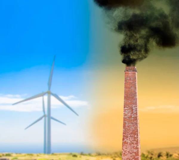 Снимок Загрязнения Воздуха Над Промышленной Зоной Ветряная Мельница Поле Голубом — стоковое фото