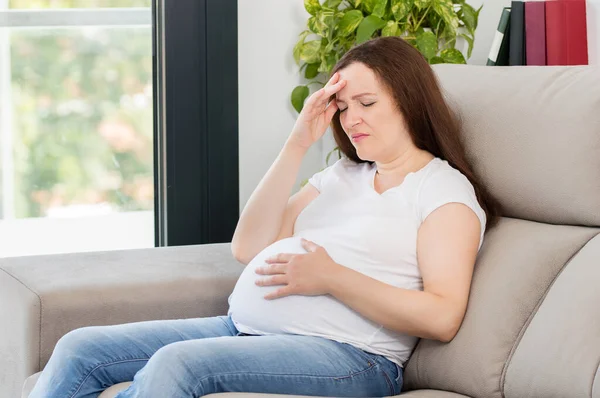 Shot Pregnant Woman Suffering Headache Home — Stock Photo, Image