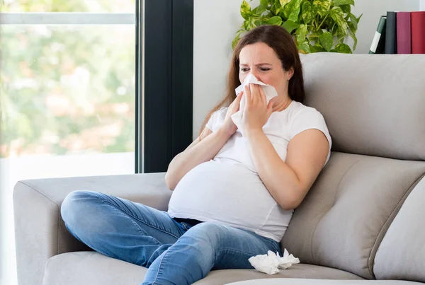 Shot Ill Pregnant Woman Coughing Sitting Couch Home — Stock Photo, Image