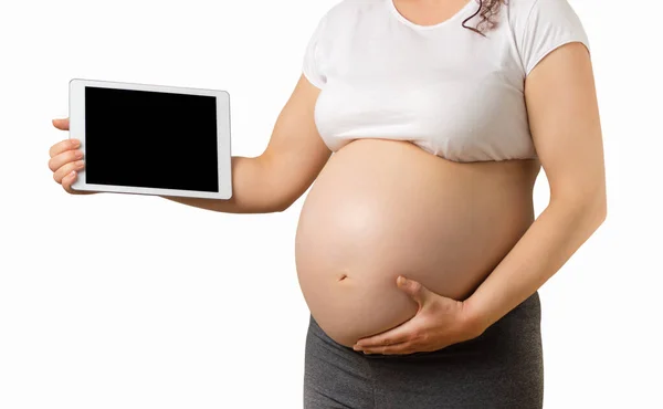 Przycięte Zdjęcie Kobiety Ciąży Trzyma Się Cyfrowego Tabletu Pusty Ekran — Zdjęcie stockowe