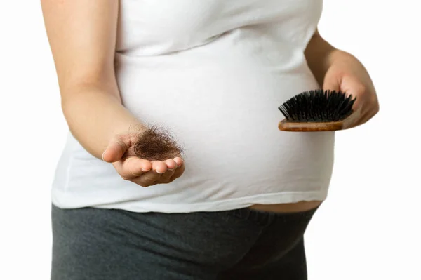 Těhotná Žena Ruka Dlaň Drží Vlasy Hřeben Bílým Pozadím — Stock fotografie