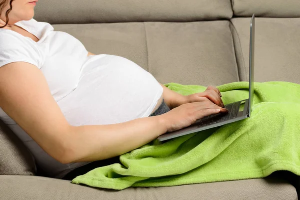 Junge Schwangere Frau Mit Digitalem Laptop Beim Entspannen Auf Dem — Stockfoto