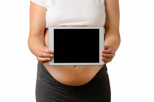 Estúdio Uma Jovem Segurando Tablet Digital Com Uma Tela Branco — Fotografia de Stock