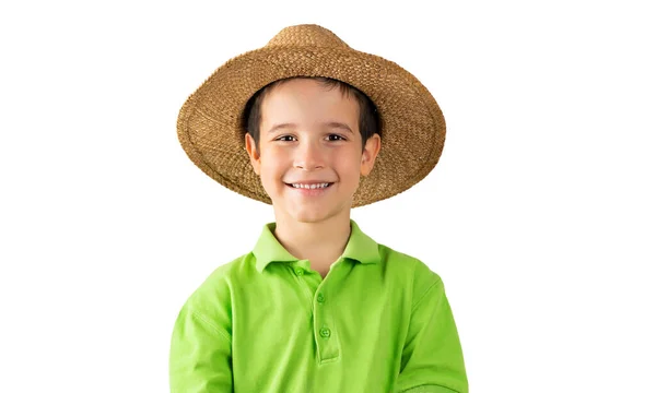 Portrait Happy Farmer Boy Posing White Background — Stock Photo, Image