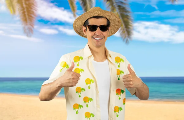 Latin Man Vacation Wearing Floral Shirt Hat Sunglasses Tropical Beach — Stock Photo, Image