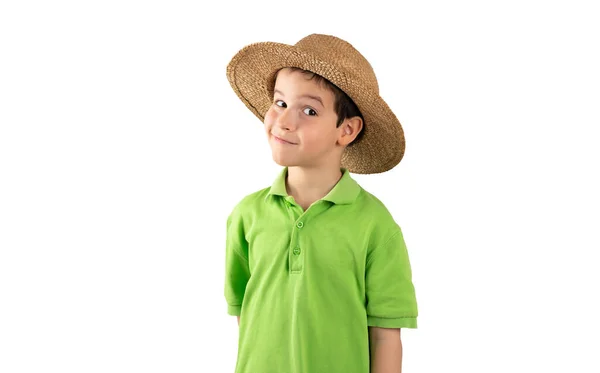 Zole Edilmiş Beyaz Arka Planda Yeşil Shirt Şapkalı Çocuk Kameraya — Stok fotoğraf