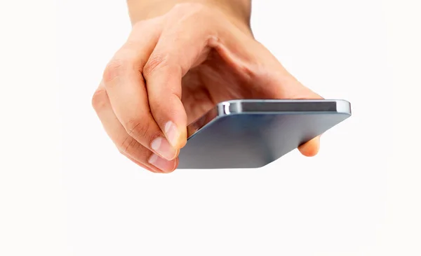 Fechar Mão Segurando Telefone Inteligente Com Fundo Branco — Fotografia de Stock