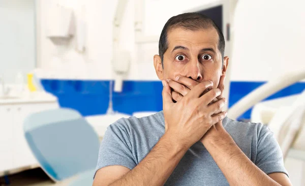 Shocked Man Toothache Tooth Pain Covering His Mouth Hands Dentist — Stock Photo, Image