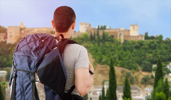 Traveler Boy Europe Looking Alhambra Spain Backpack Back — Stock Photo, Image