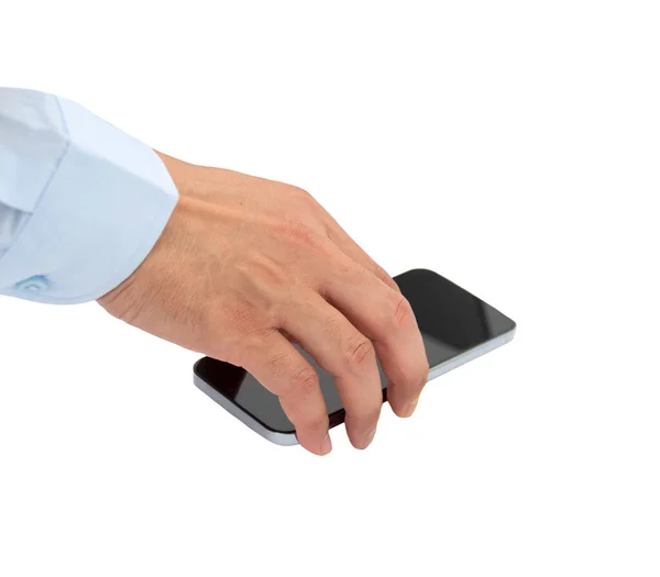 白い背景のスマートフォンを持っているビジネスマンの手 — ストック写真