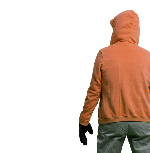 Rear View Thief Hacker Hood White Background Copy Space — Stock Photo, Image