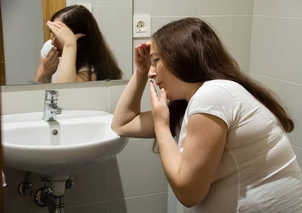 Pregnant Woman Struggling Morning Sickness Bathroom — Stock Photo, Image
