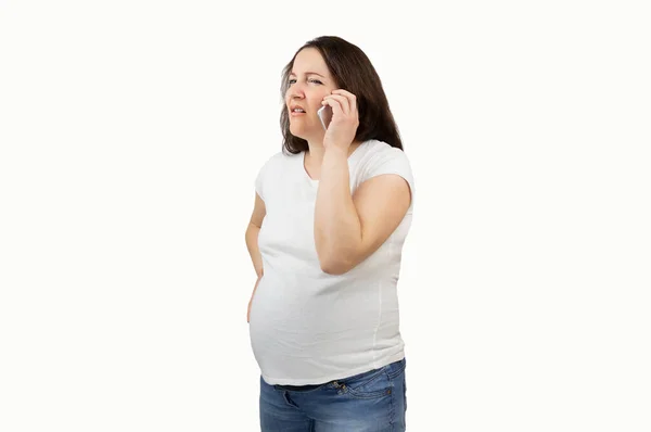 Painful Pregnant Woman Calling Medical Assistance White Background — Stock Photo, Image