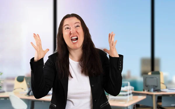 Middle Age Business Woman Suit Office Crazy Mad Shouting Yelling — Stock Photo, Image